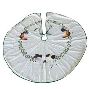 Handpainted Country Farm Christmas Tree Skirt Cow Rooster Holly Berries 54”
